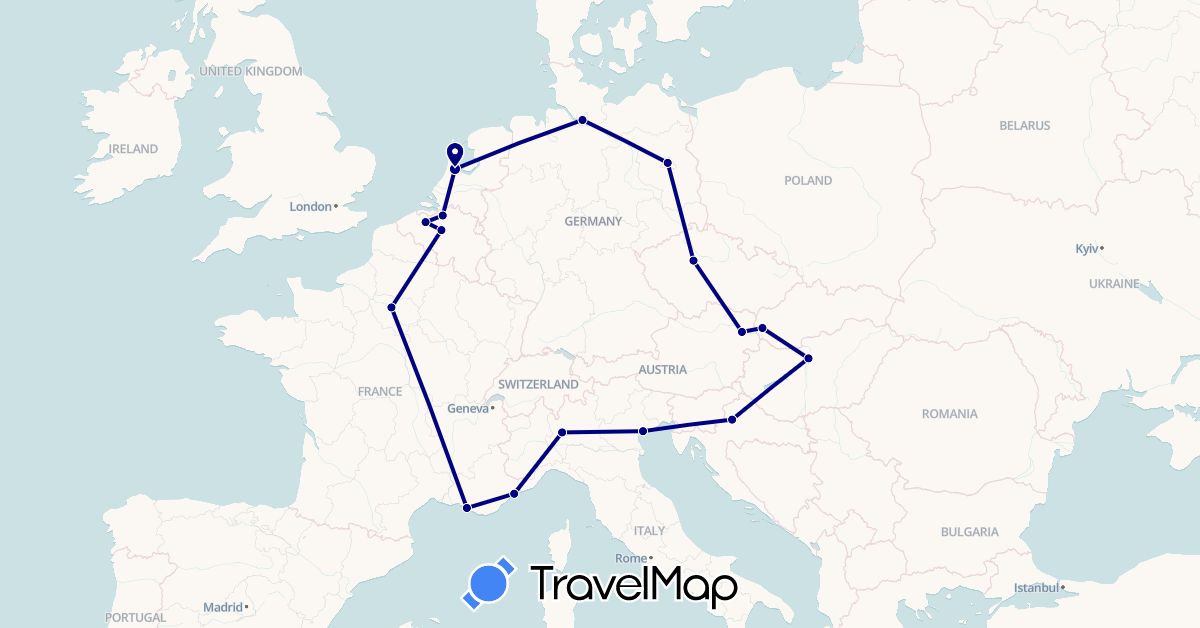 TravelMap itinerary: driving in Austria, Belgium, Czech Republic, Germany, France, Croatia, Hungary, Italy, Netherlands, Slovakia (Europe)